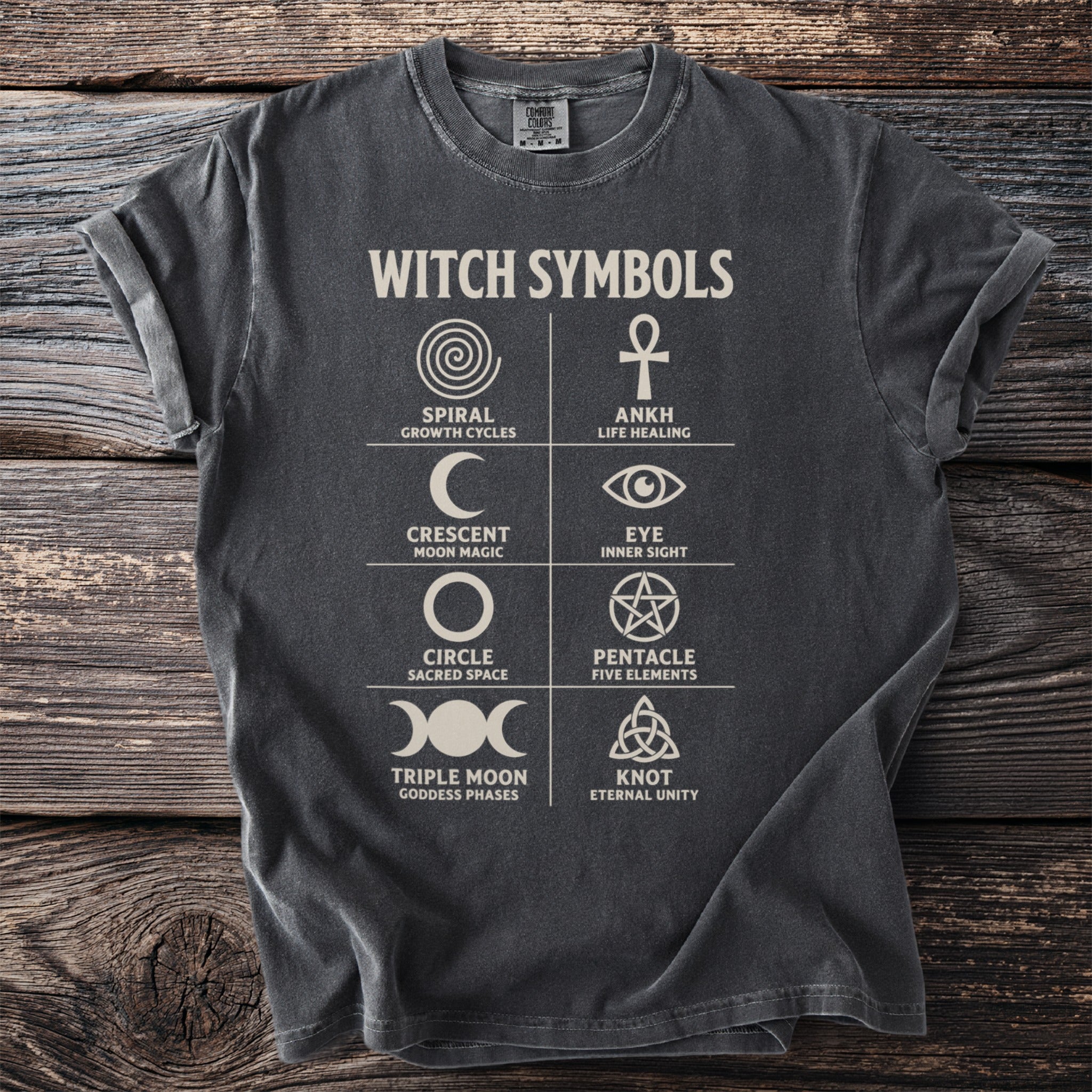 Dark gray t-shirt with "Witch Symbols" and 8 symbols with descriptions.