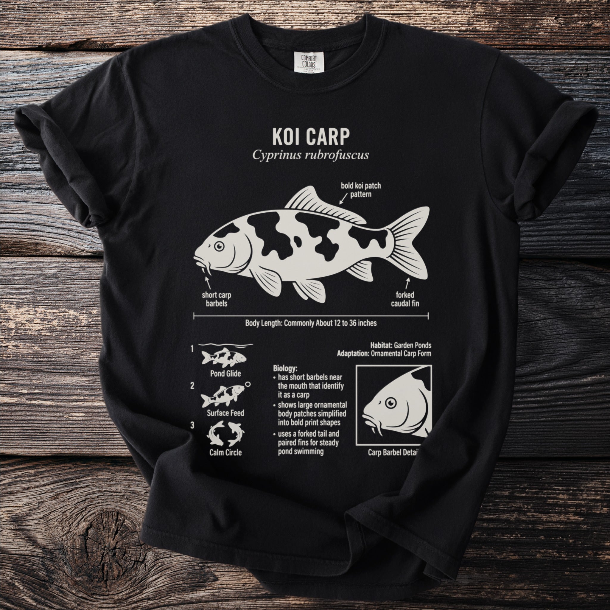 Black t-shirt with white illustration of Koi Carp and factual information.