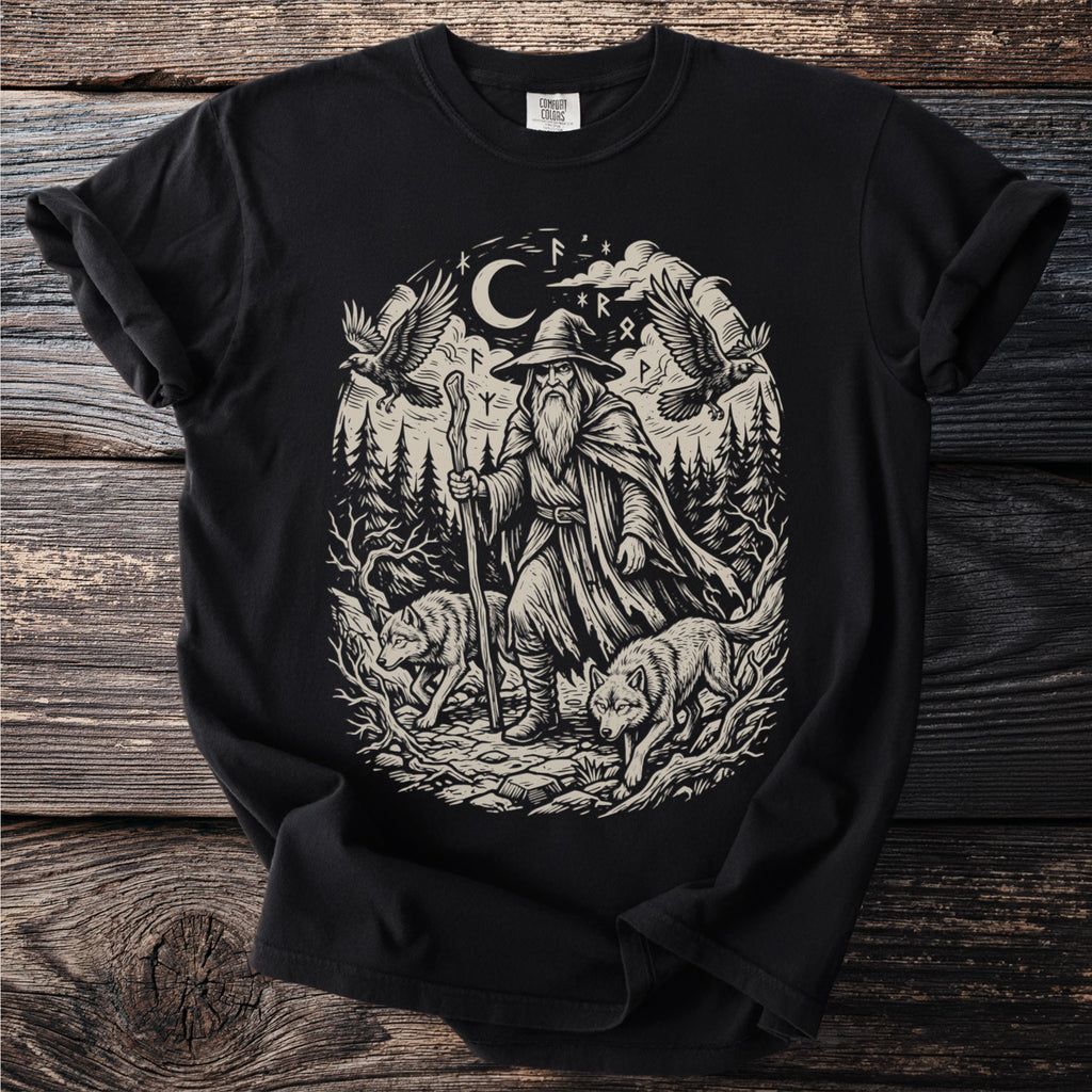 Wizard with wolves and ravens in tree lined oval, moonlit night, Norse runes overlay.