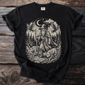 Wizard with wolves and ravens in tree lined oval, moonlit night, Norse runes overlay.