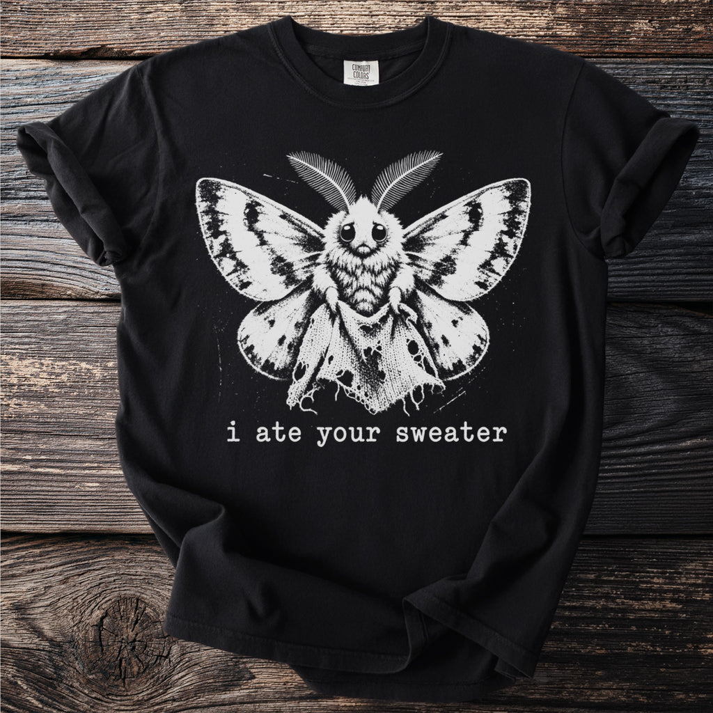 Black t-shirt with a moth graphic and the text "i ate your sweater".