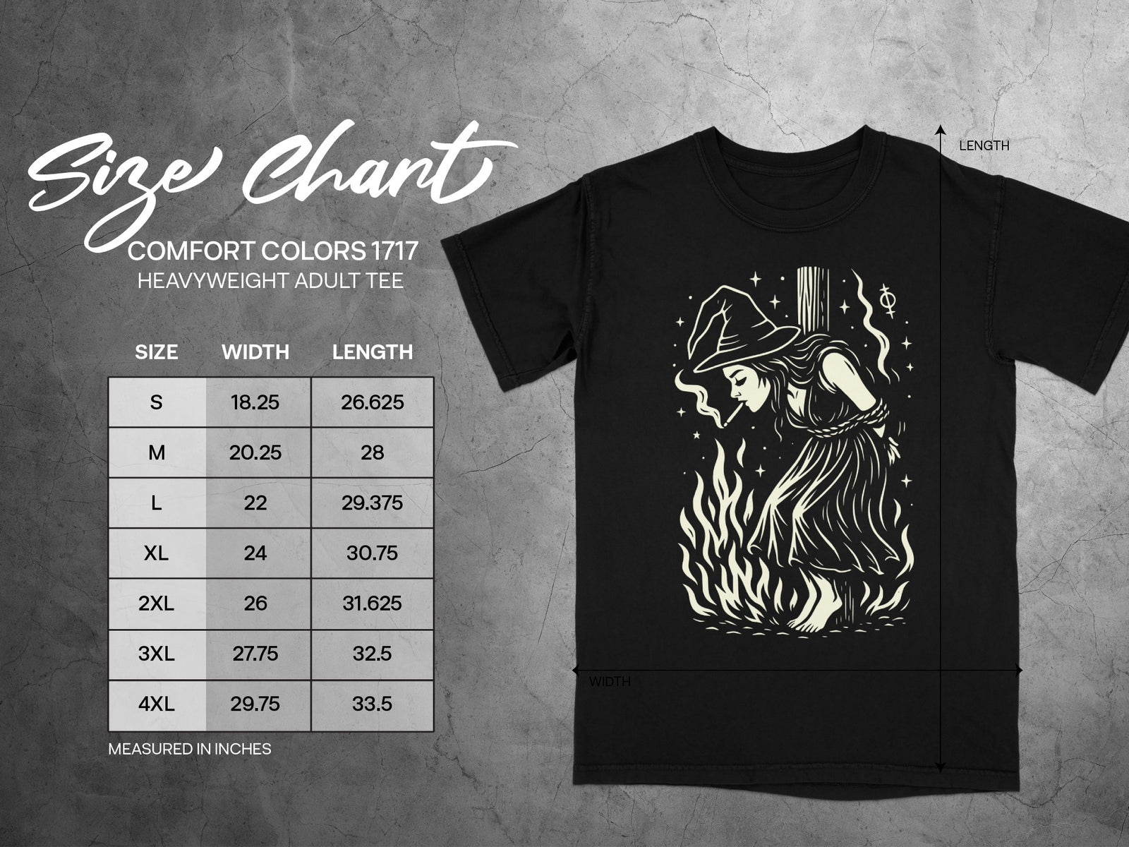 Size chart for Comfort Colors 1717 heavyweight adult tee with measurements in inches.