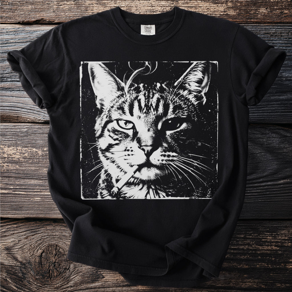 Black t-shirt with a distressed black and white graphic of a cat smoking a cigarette.