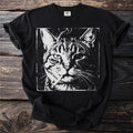 Black t-shirt with a distressed black and white graphic of a cat smoking a cigarette.