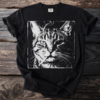Black t-shirt with a distressed black and white graphic of a cat smoking a cigarette.