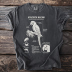 T-shirt featuring a scientific illustration of a Hyacinth Macaw with labels.
