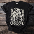 Minotaur in maze holding ball of yarn, with vines on pillars.