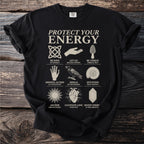 Black t-shirt with "PROTECT YOUR ENERGY" and illustrative icons with descriptive text.