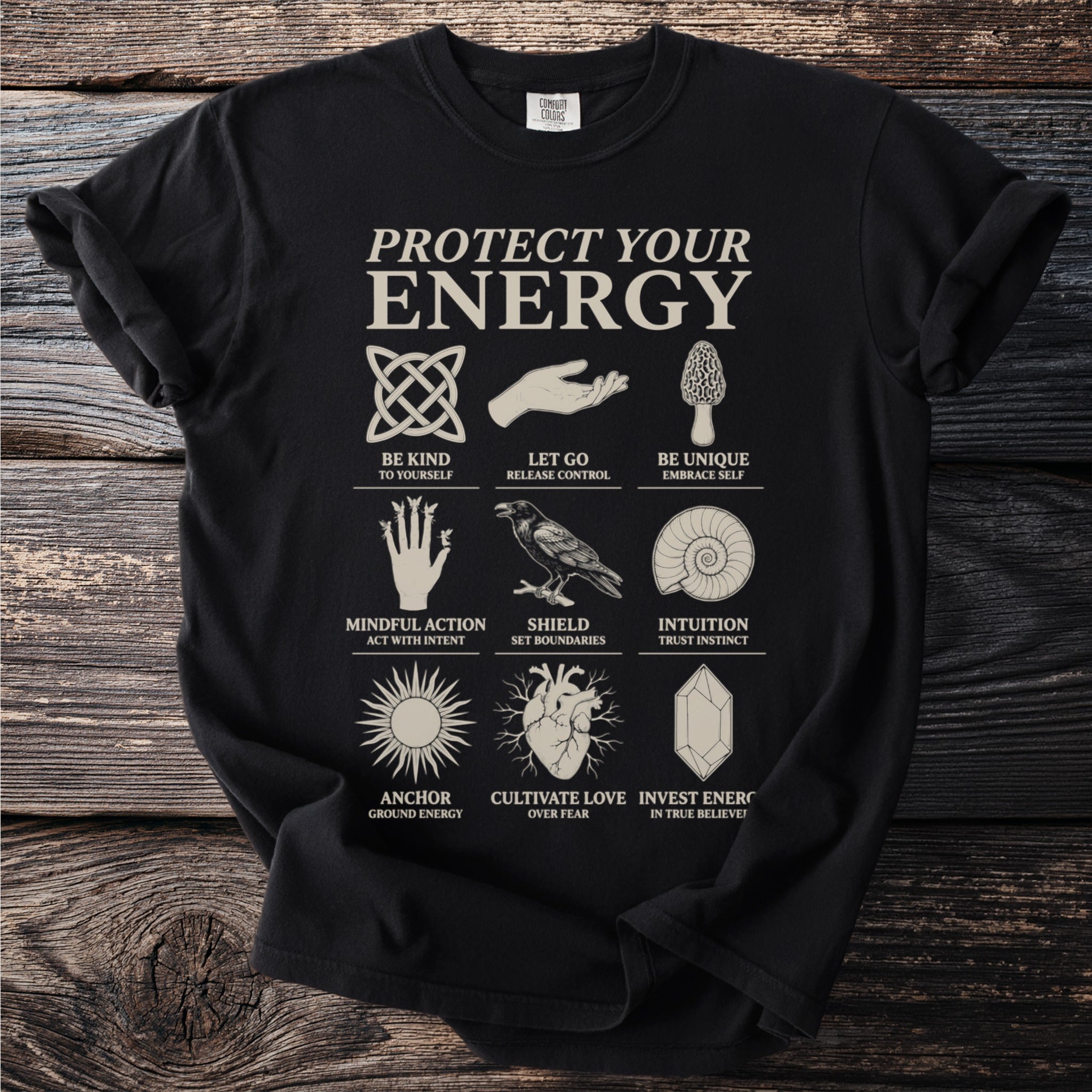 Black t-shirt with "PROTECT YOUR ENERGY" and illustrative icons with descriptive text.