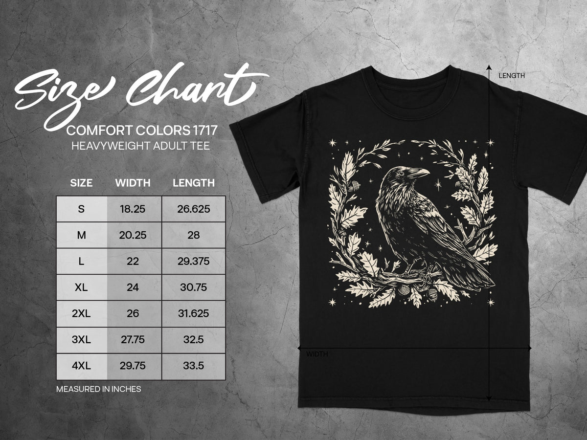 Comfort Colors 1717 size chart for heavyweight adult tees with raven graphic.