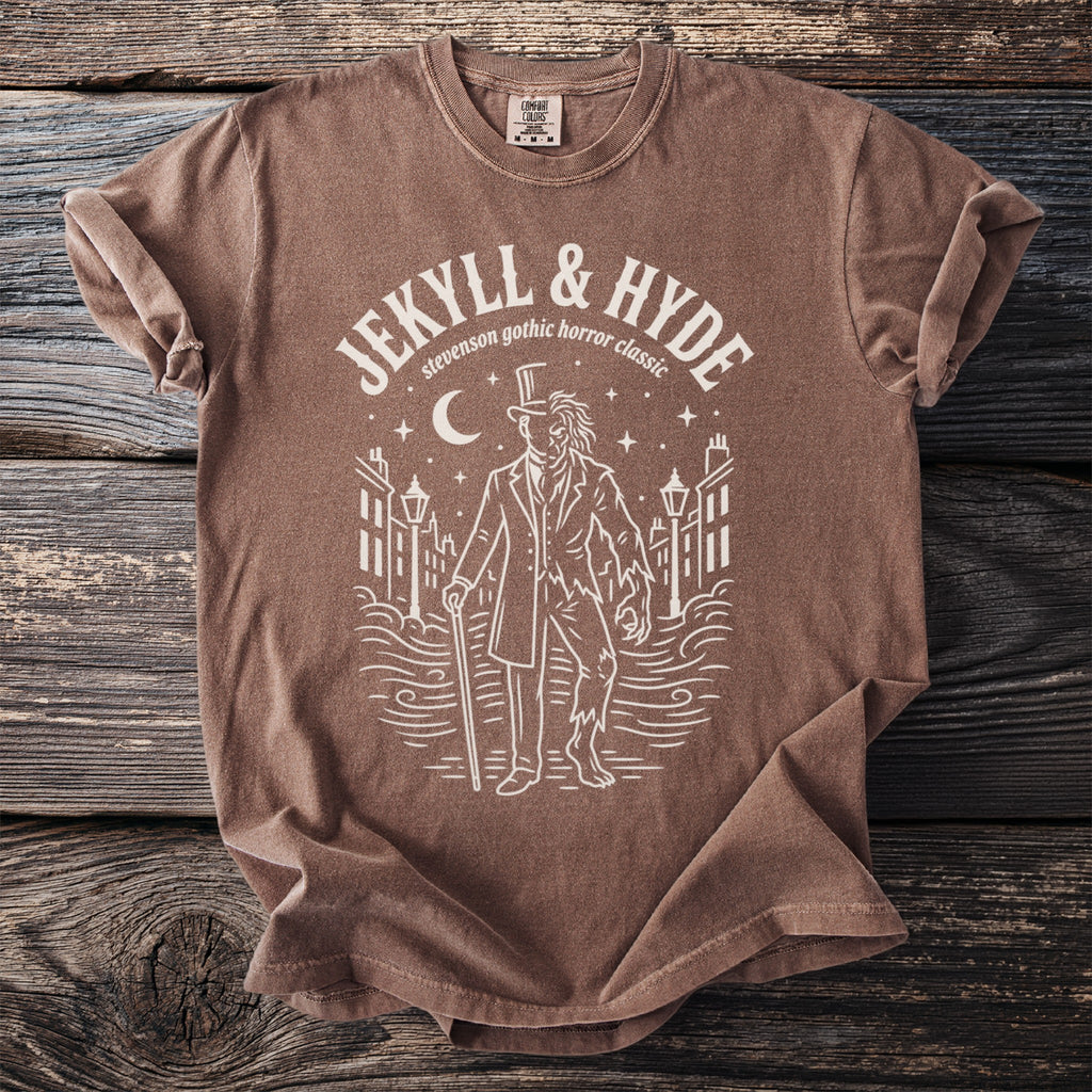 Brown t-shirt with white print for "Jekyll & Hyde" gothic horror classic.