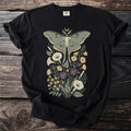 Black t-shirt with a luna moth and floral illustration.