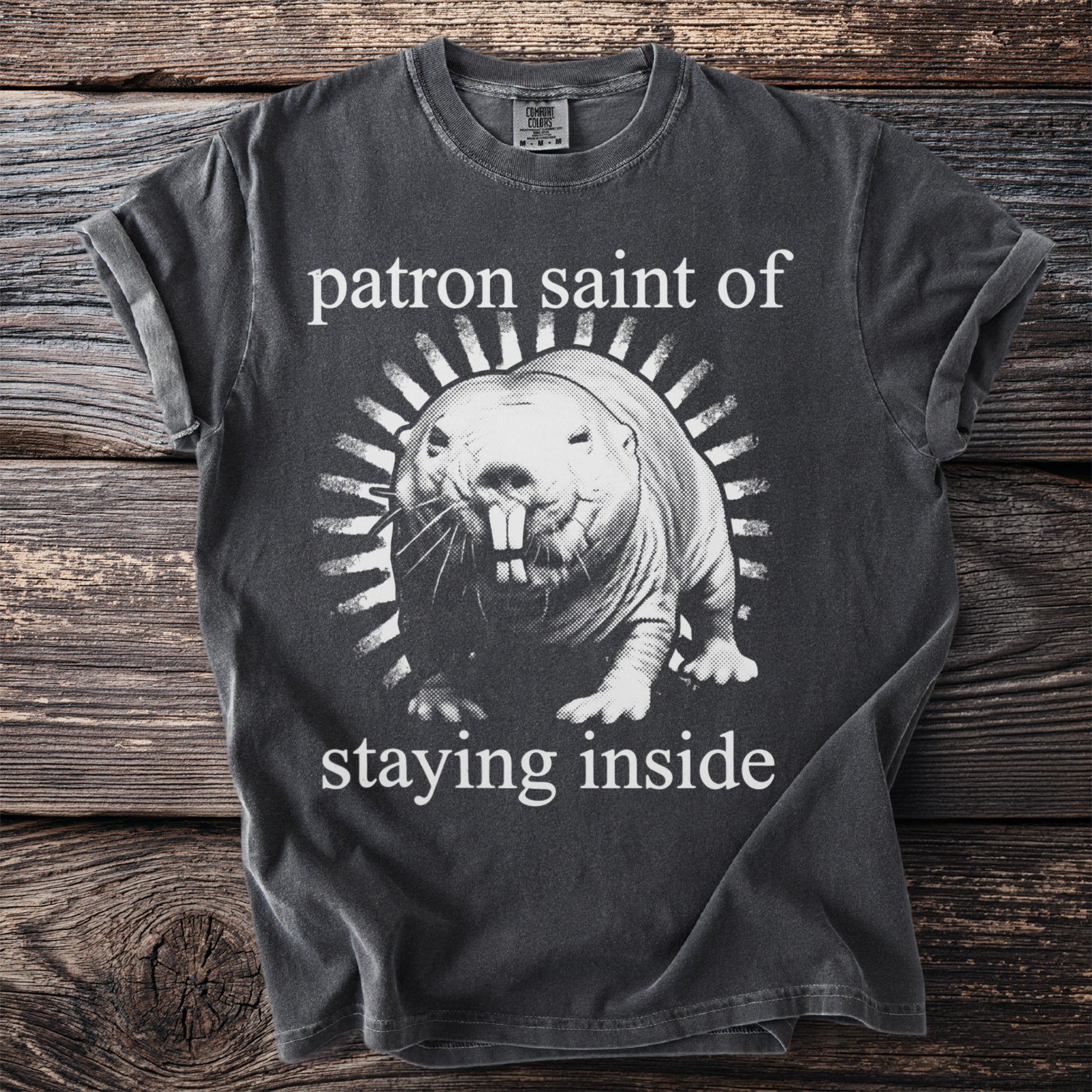 Dark t-shirt with "patron saint of staying inside" and a mole rat graphic.