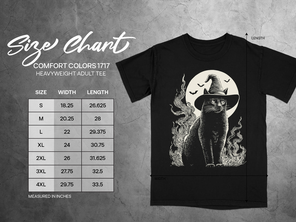 Comfort Colors 1717 heavyweight adult tee size chart with width and length measurements.