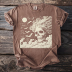 Brown t-shirt with a cream skull, bats, moon, and clouds graphic.