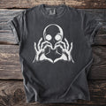Charcoal t-shirt with graphic of alien head and hands forming a heart