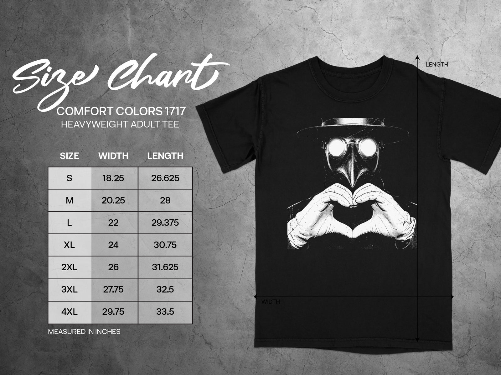 Size chart for Comfort Colors 1717 heavyweight adult tee with plague doctor graphic.