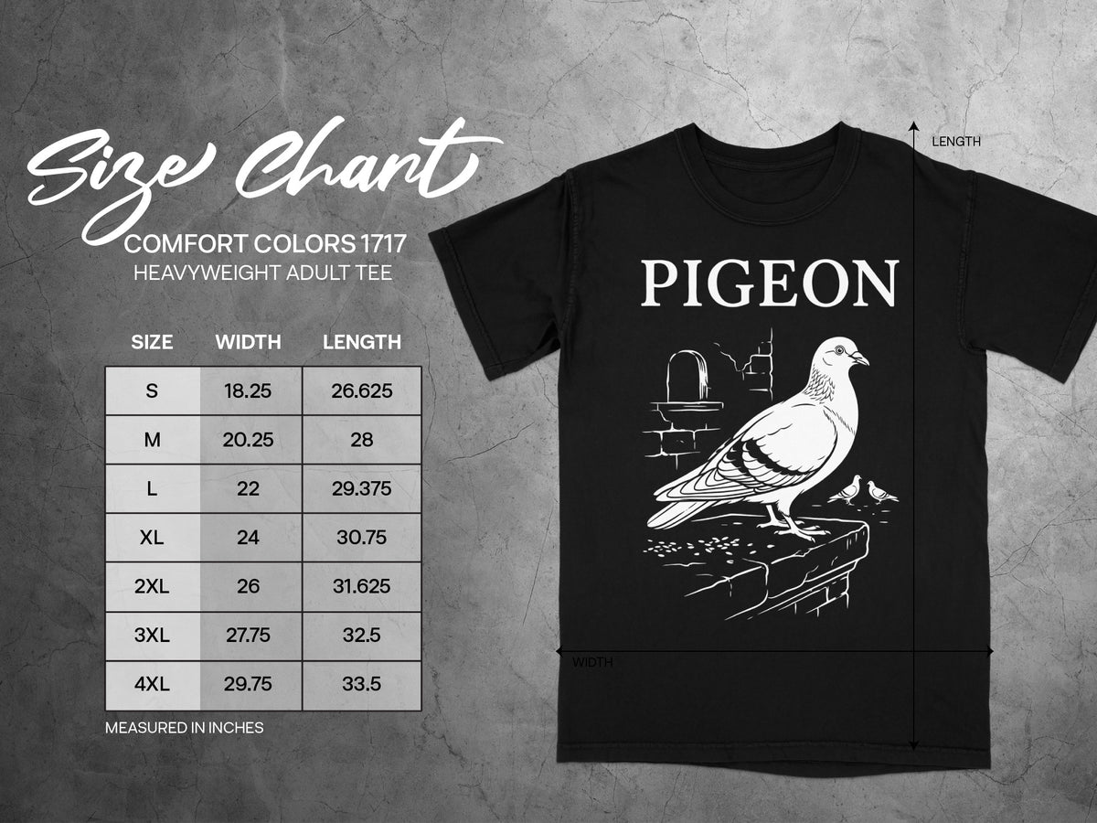 Comfort Colors 1717 adult tee size chart with pigeon graphic and measurements.