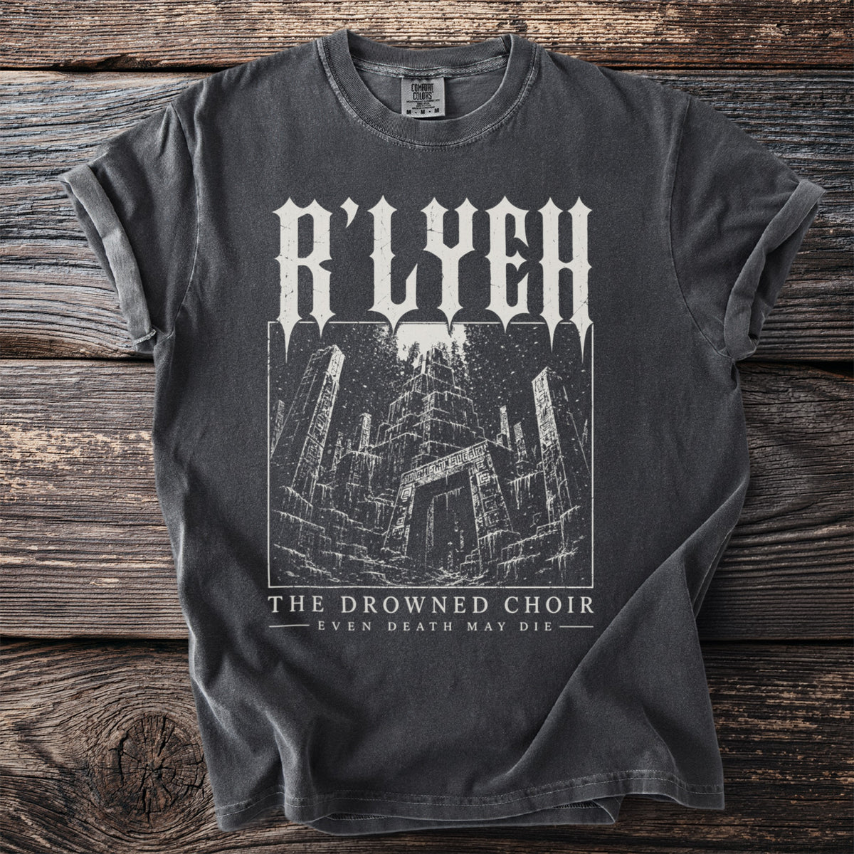 Dark grey t-shirt with "R'LYEH" and a dark, gothic cityscape graphic.