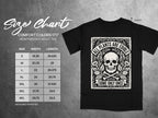 Black t-shirt size chart with skull graphic and "All Plants Are Edible" text.