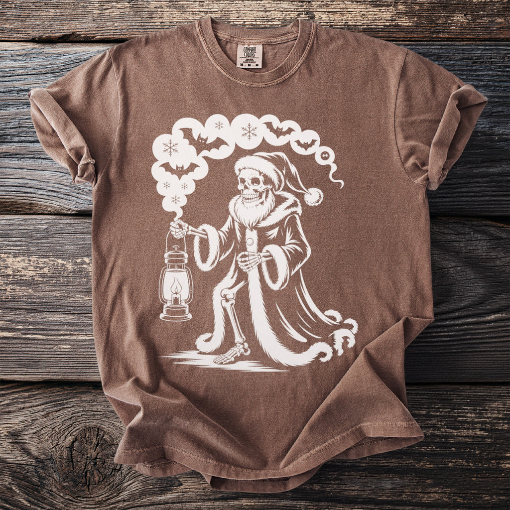 Skeleton in Santa hat holding lantern with bats and snowflakes.