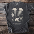 Dark grey t-shirt with vintage-style scientific illustrations of jellyfish and sea slugs.