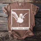 Brown t-shirt with a seagull graphic and text "i'll take that".