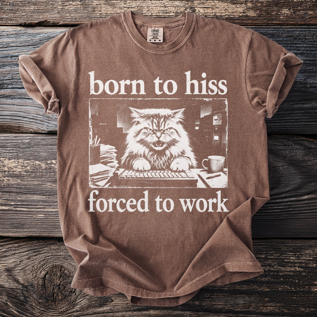 Brown t-shirt with white text and a frustrated cat at a keyboard.