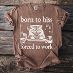 Brown t-shirt with white text and a frustrated cat at a keyboard.