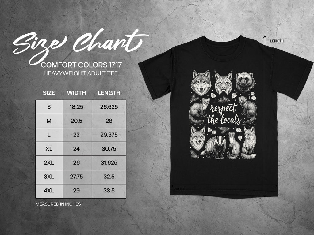 Comfort Colors 1717 t-shirt size chart with illustration of woodland animals and text "respect the locals".