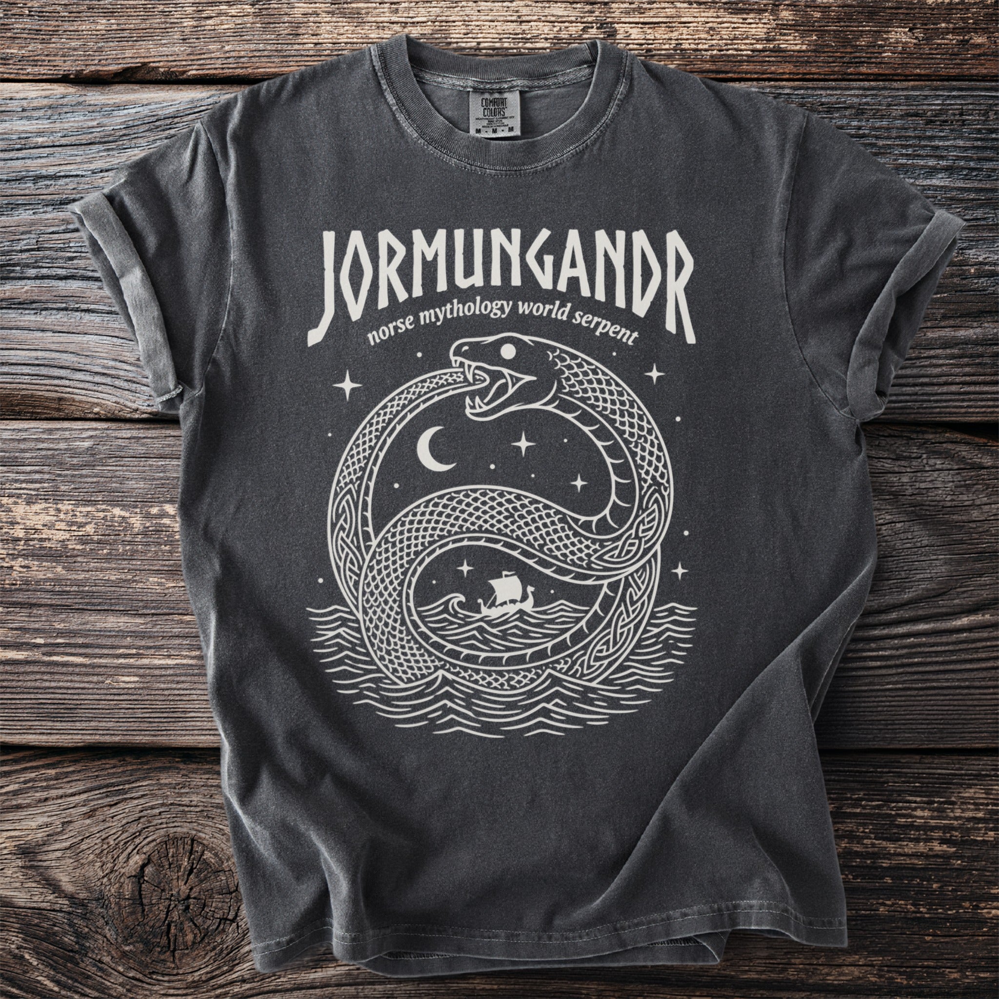 Dark grey t-shirt with white Jormungandr snake design and "norse mythology world serpent" text.