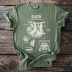 Green t-shirt with a graphic detailing sloth anatomy and behaviors, including "Sloth Smile".