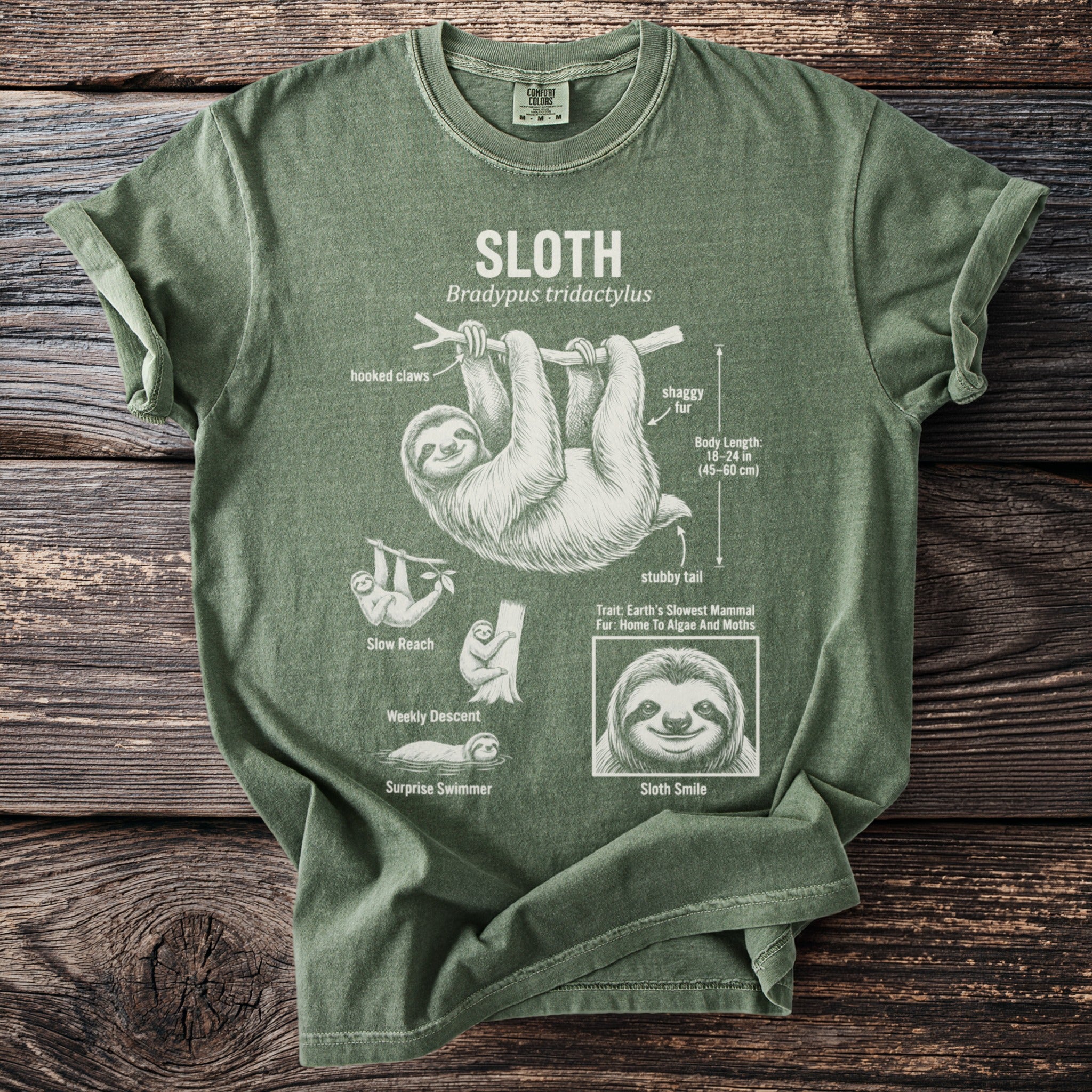 Green t-shirt with a graphic detailing sloth anatomy and behaviors, including "Sloth Smile".