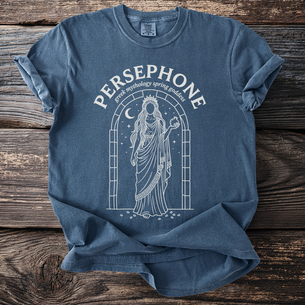 Navy blue t-shirt with Persephone Greek mythology spring goddess design.
