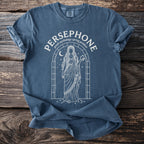 Navy blue t-shirt with Persephone Greek mythology spring goddess design.