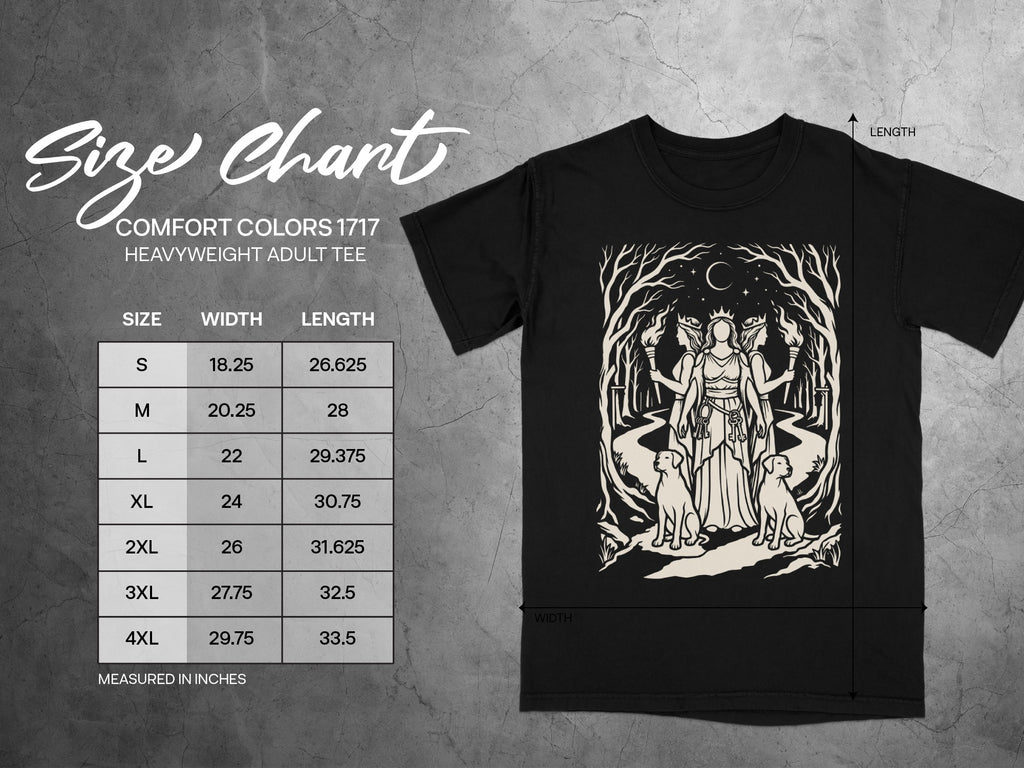 Comfort Colors 1717 heavyweight adult tee size chart with measurements in inches.