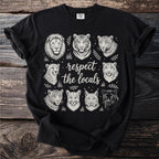 Black t-shirt with stylized heads of various big cats and text "respect the locals".