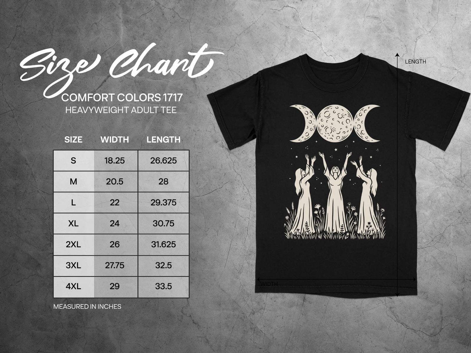 Size chart for a Comfort Colors 1717 heavyweight adult tee with width and length measurements.