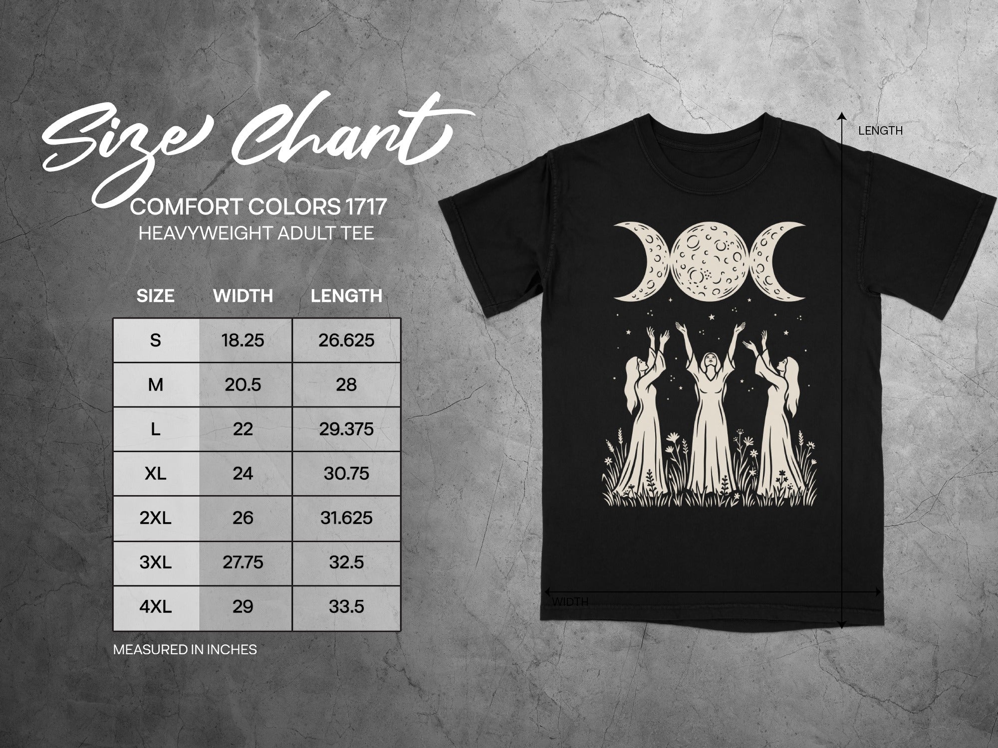 Size chart for a Comfort Colors 1717 heavyweight adult tee with width and length measurements.