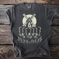 Dark t-shirt with grim reapers holding sickles and a windmill above wheat.