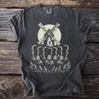 Dark t-shirt with grim reapers holding sickles and a windmill above wheat.