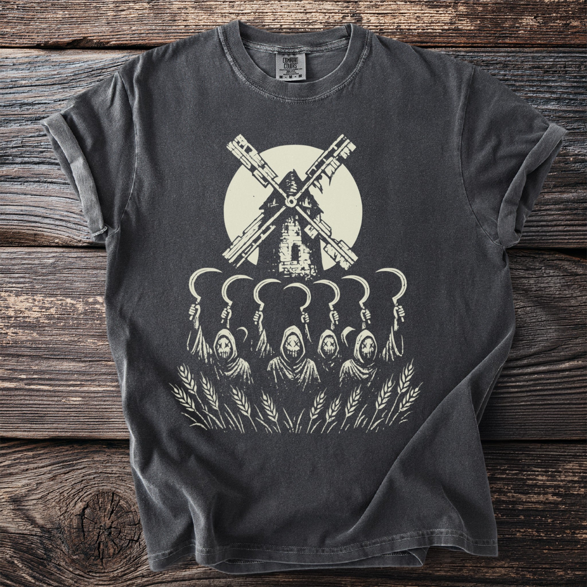 Dark t-shirt with grim reapers holding sickles and a windmill above wheat.