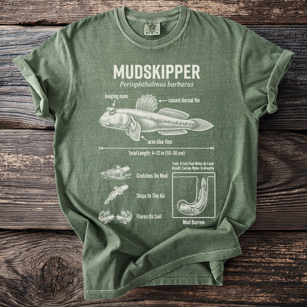 Green t-shirt with Mudskipper illustration and anatomical labels, showing its traits.