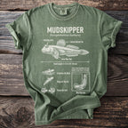 Green t-shirt with Mudskipper illustration and anatomical labels, showing its traits.
