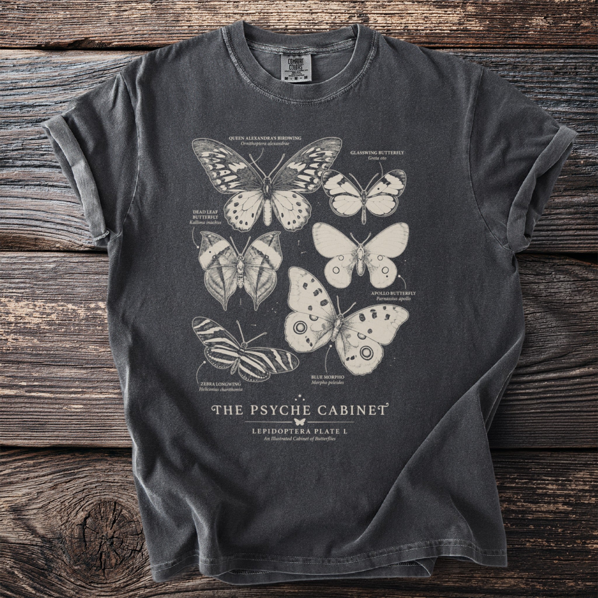 Dark grey t-shirt with illustrated butterflies and text "The Psyche Cabinet".