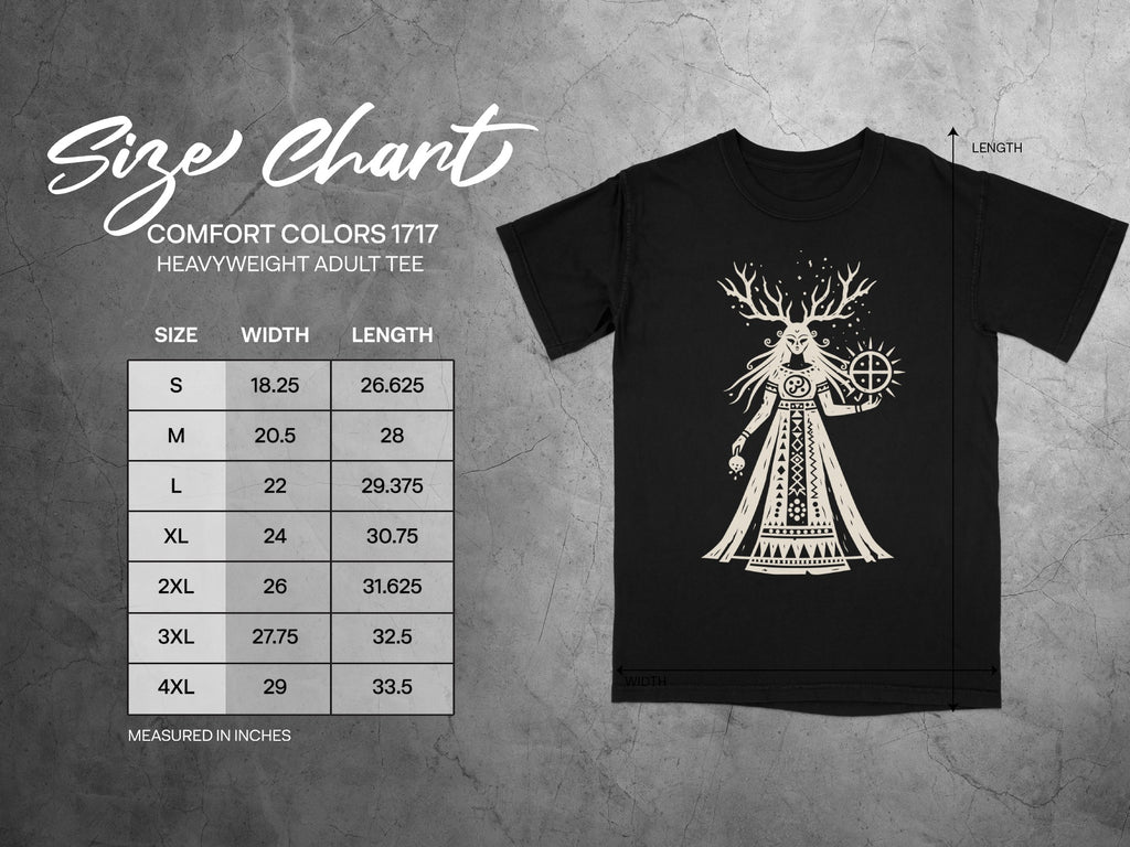 Comfort Colors 1717 heavyweight adult tee size chart with width and length measurements in inches.
