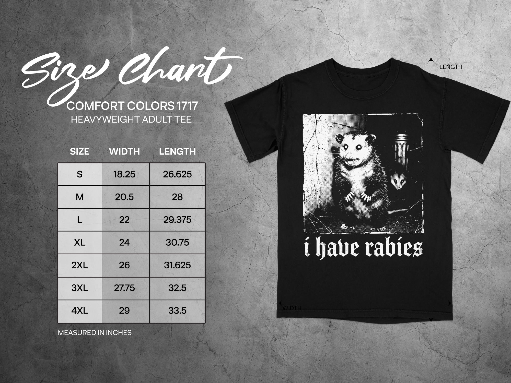 Size chart for Comfort Colors 1717 heavyweight adult tee with opossum graphic.