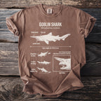 Brown t-shirt with goblin shark diagram, including its features and hunting habits.