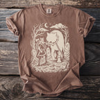 Viking warrior and chained wolf graphic on a brown t-shirt with a moon and stars.