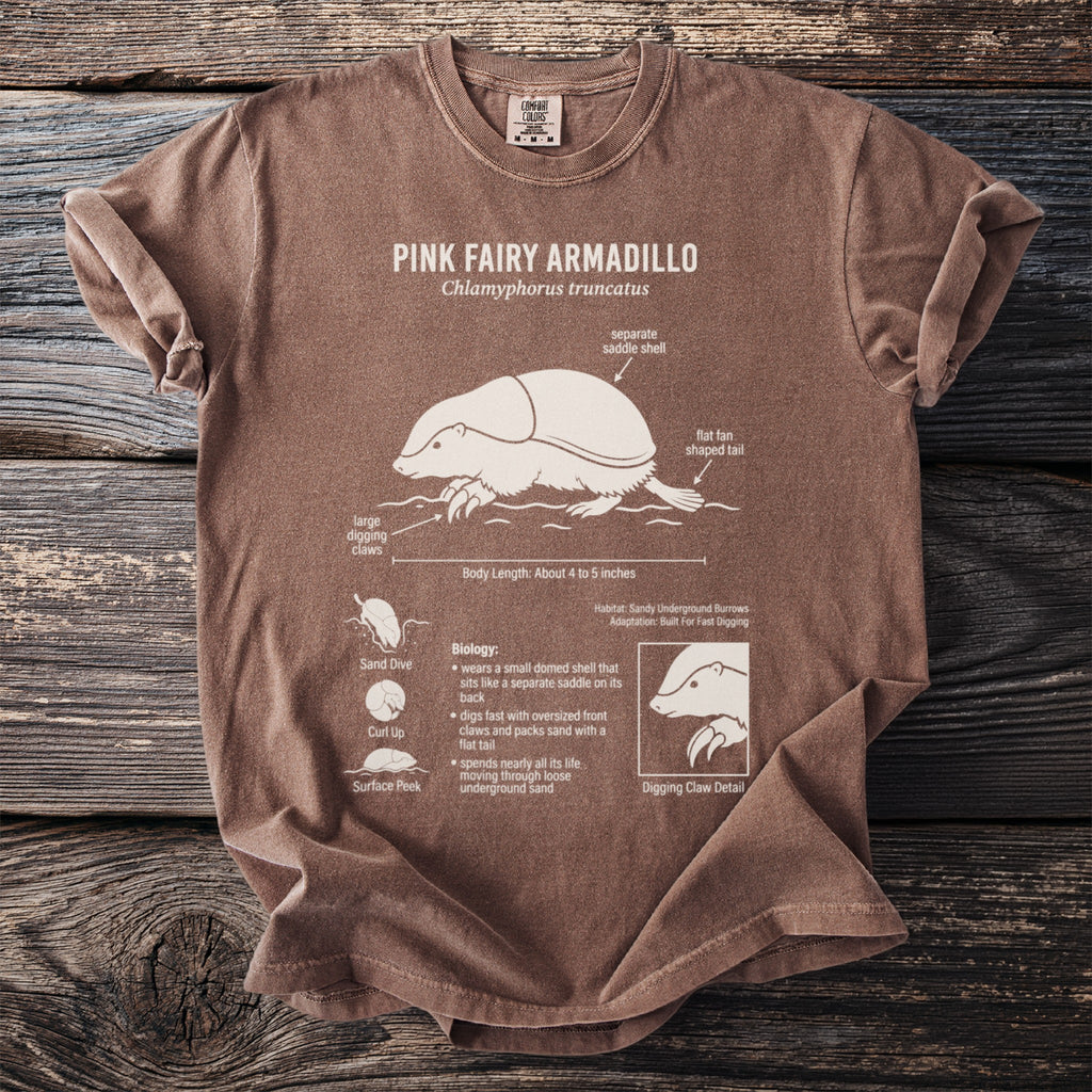Brown t-shirt featuring a Pink Fairy Armadillo diagram with scientific details.
